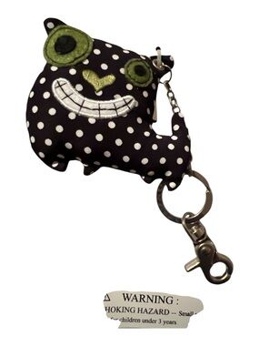 Polka Dot Puffy Cat Keychain - Black & White with Green Accents